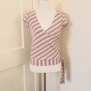 NWOT Vintage Self Esteem Light pink striped short sleeved wrap blouse Junior's L
